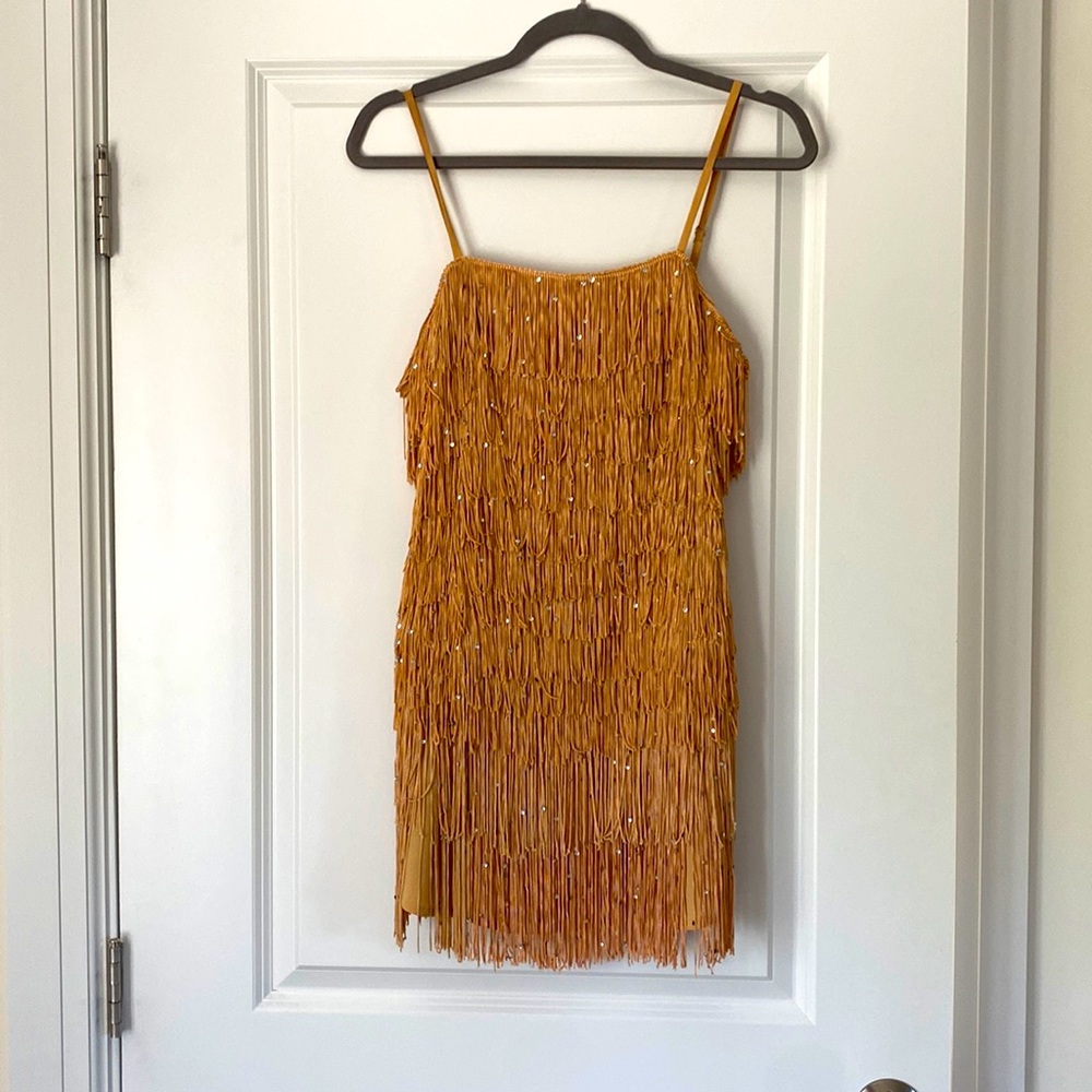 NBD Sunrise Fringe Mini Dress Champagne Nude Size S